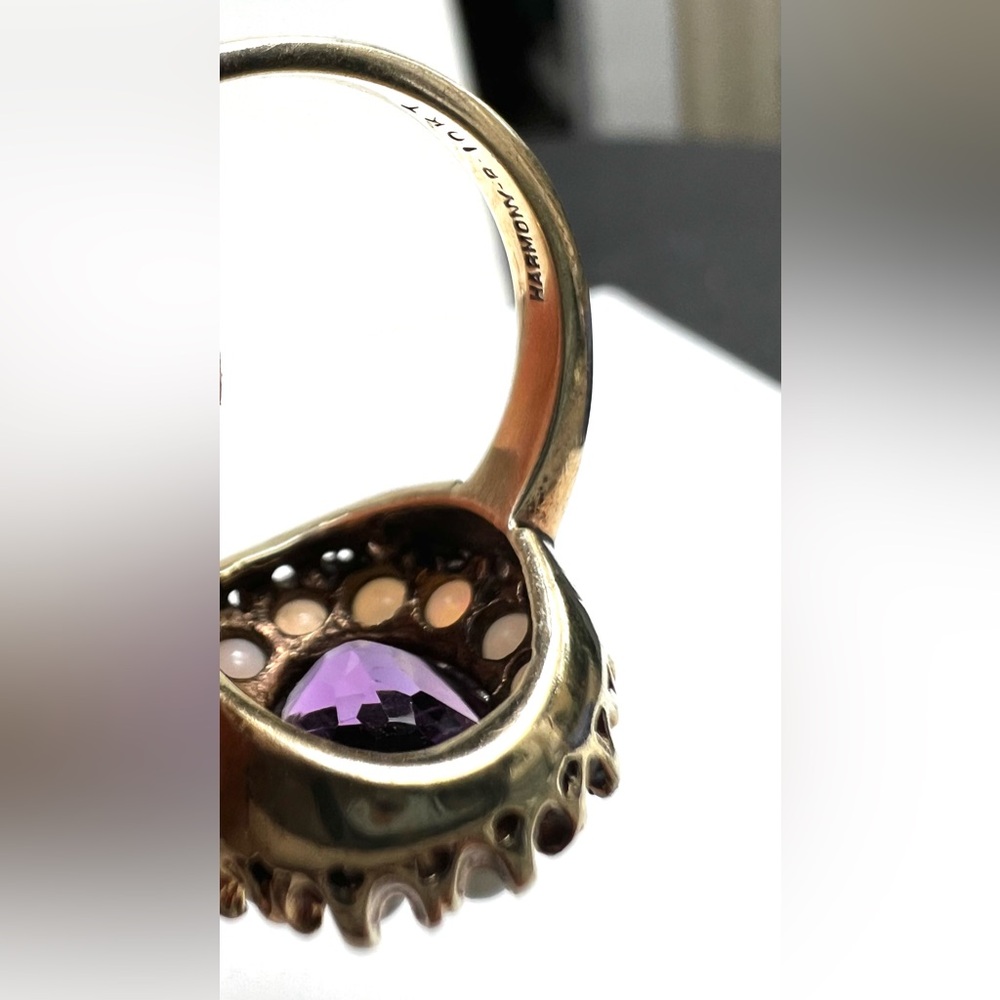 Vintage Amethyst and Seed Opal 10k Gold Ring Size 5.5/6 Estate Hallmarked - Picture 6 of 16